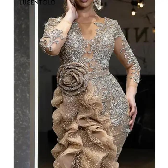 Lugentolo-Robe de soirée à paillettes pour femmes, nœud mince, manches longues, col rond, maille élé