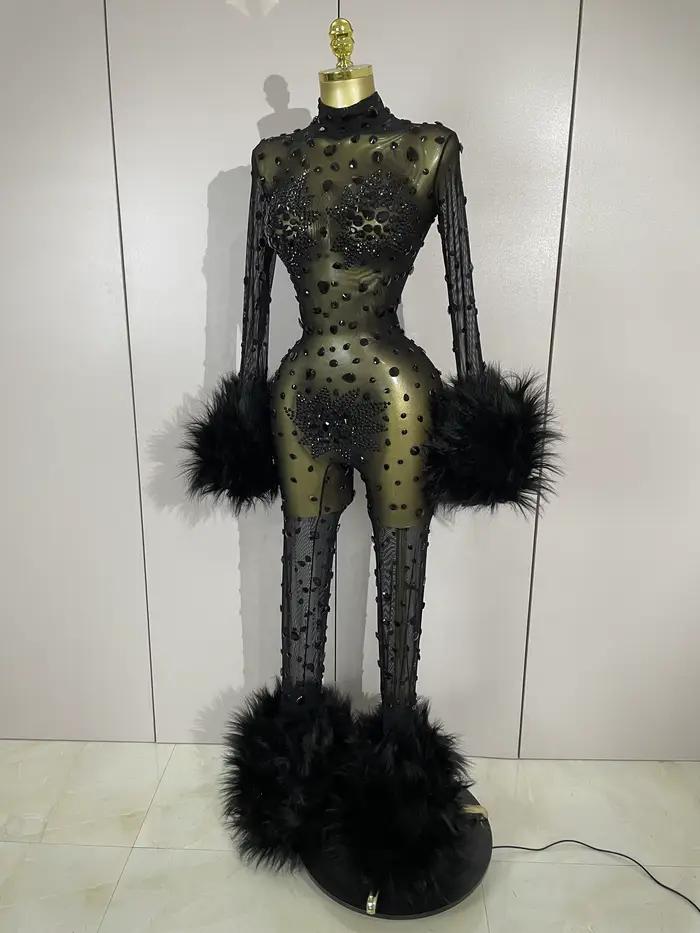 STOCK luxe diamant noir maille Transparent extensible à manches longues combinaison femmes Sexy Perf