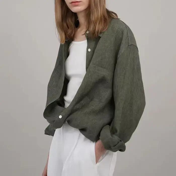 Chemisier surdimensionné à col rabattu pour femme, chemise décontractée en lin, manches longues, élé