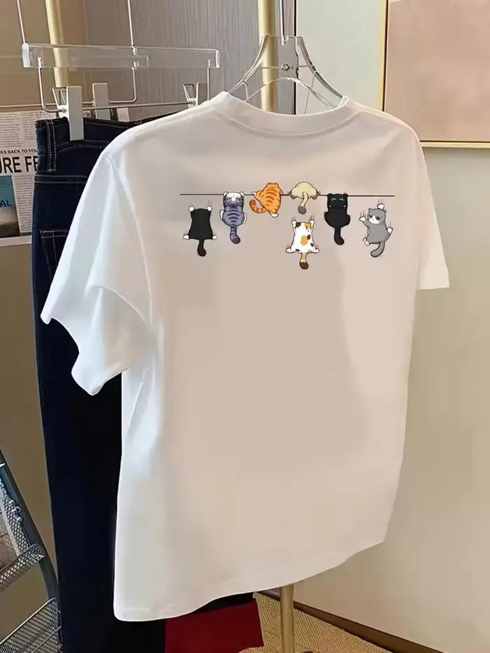 Cat Rope, T-shirt à imprimé chats de dessin animé, manches courtes, col rond, haut décontracté pour
