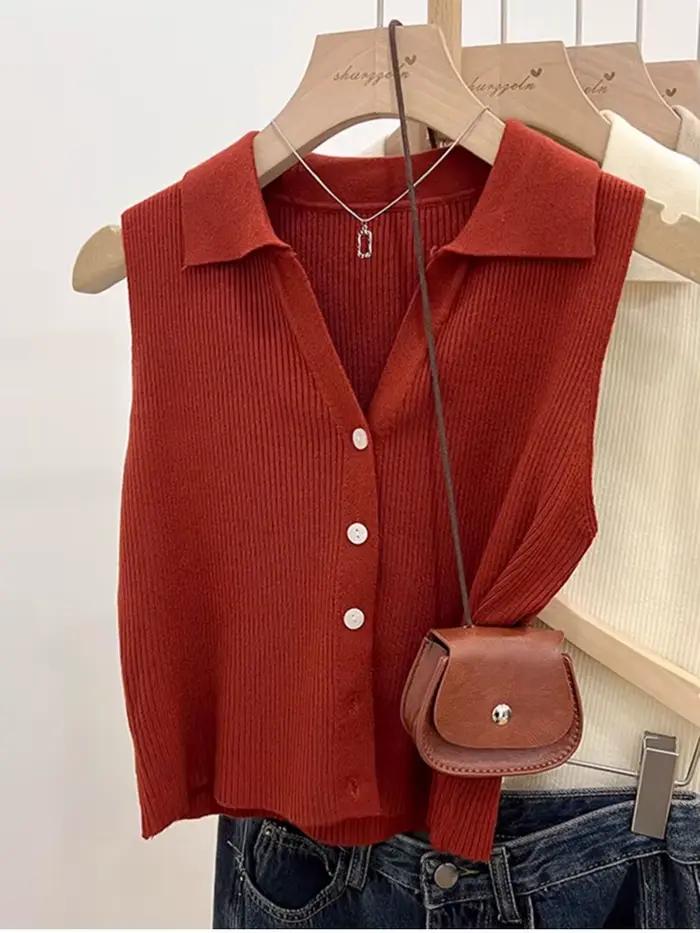 Cardigan tricoté de couleur unie pour femmes, pull coréen sans manches à simple boutonnage, col rond