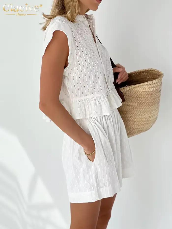 ClacMarkets-Ensemble 2 Pièces Décontracté pour Femme, Haut en Fibre Précieuse, Blanc, Taille Haute,
