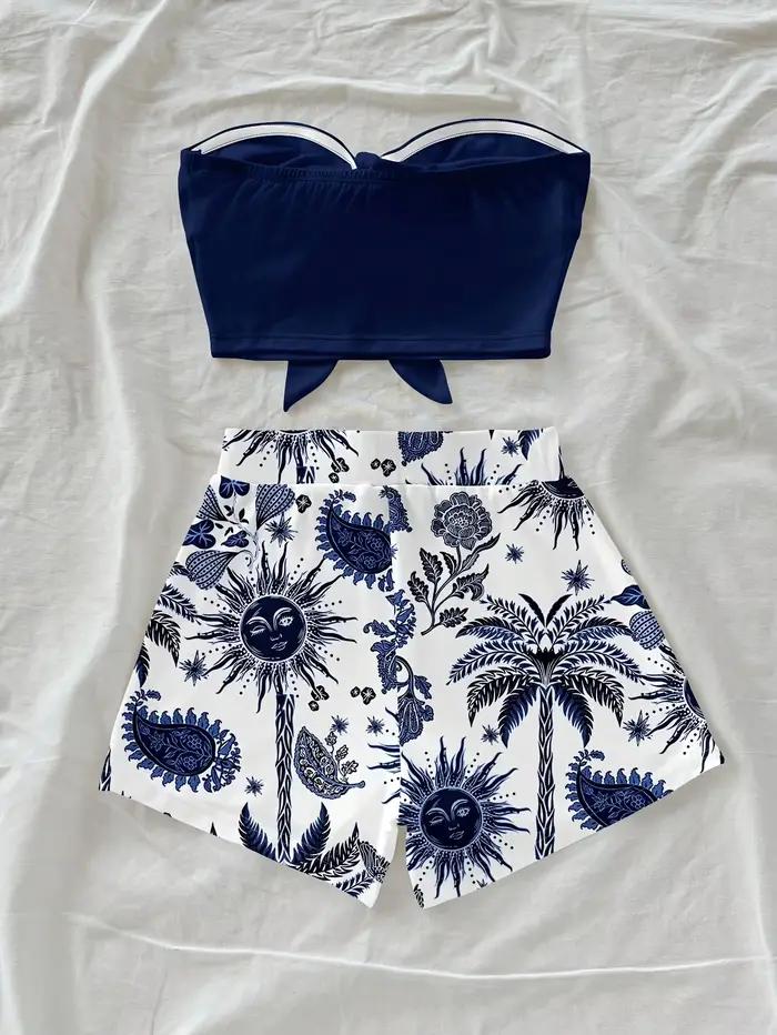 Ensemble 2 pièces pour femmes, imprimé cocotier et Dieu du Soleil, idéal pour les vacances d'été et