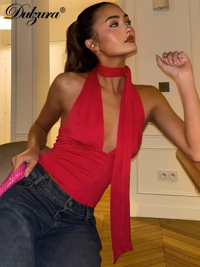 Dulzura col en v sans manches licou dos nu moulante Corp haut solide Sexy élégant Y2K haut fête Club