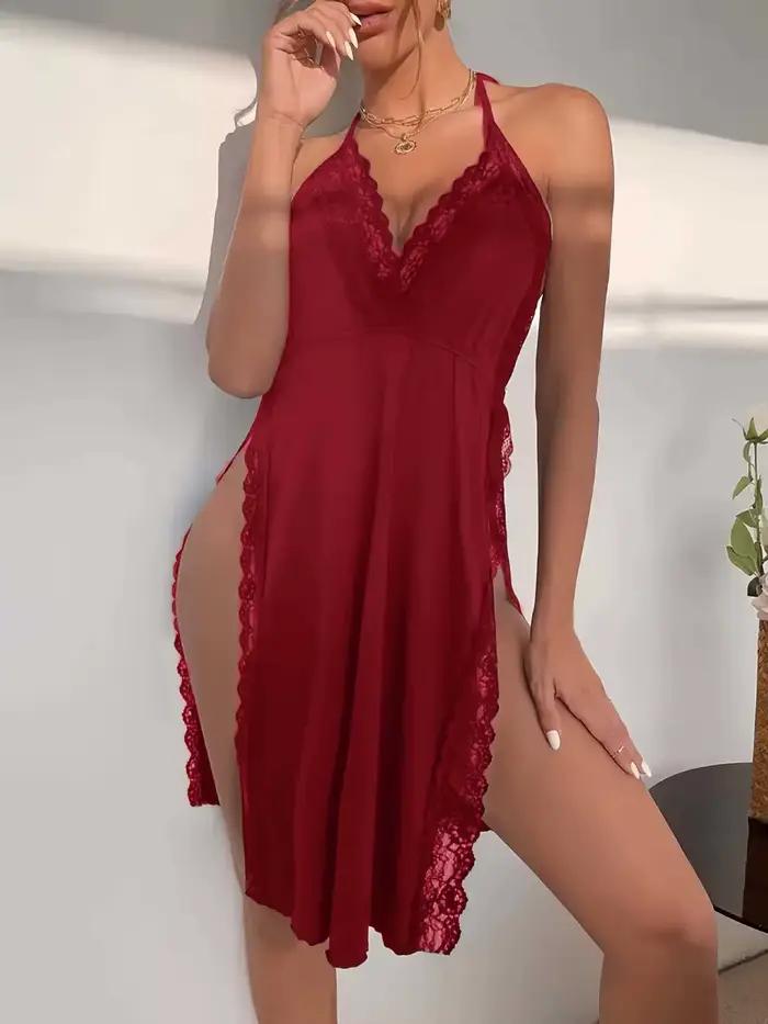 Chemise de nuit sexy dos nu imprimé léopard avec bordure en dentelle, robe de lingerie licou en V pr