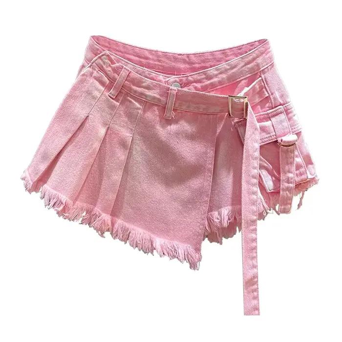 Mini jupe en jean rose irrégulière pour femme, taille haute, amincissante, faux deux pièces, vêtemen