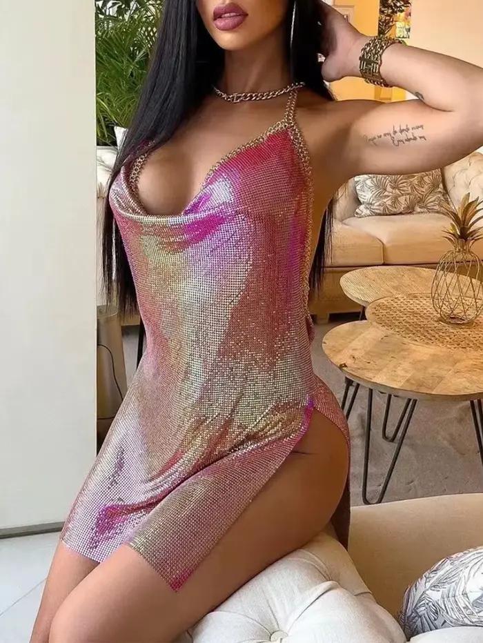 Robe d'été sexy dos nu en métal noir à sequins pour femme 2026, tenue de plage rave, mini-robe scint