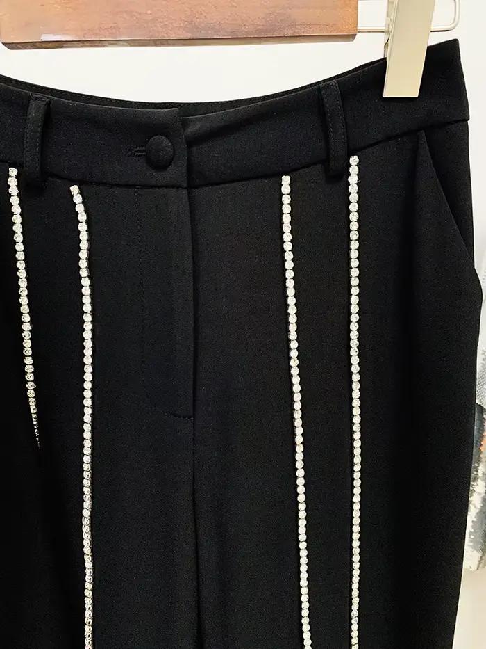 Ensemble blazer et pantalon évasé à revers perlé pour femme, bouton unique évidé, diamants, haute qu