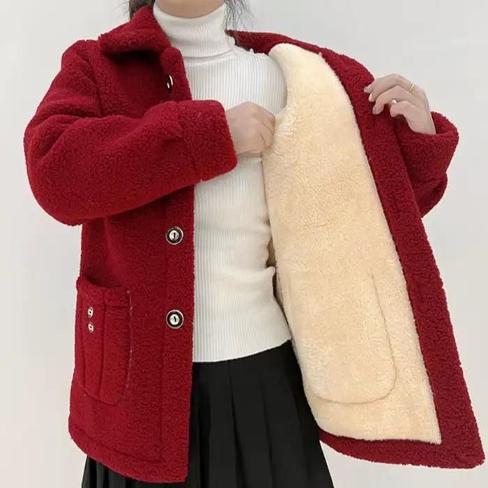 Manteau en fourrure d'agneau à simple boutonnage pour femme, veste décontractée pour femme, poche à