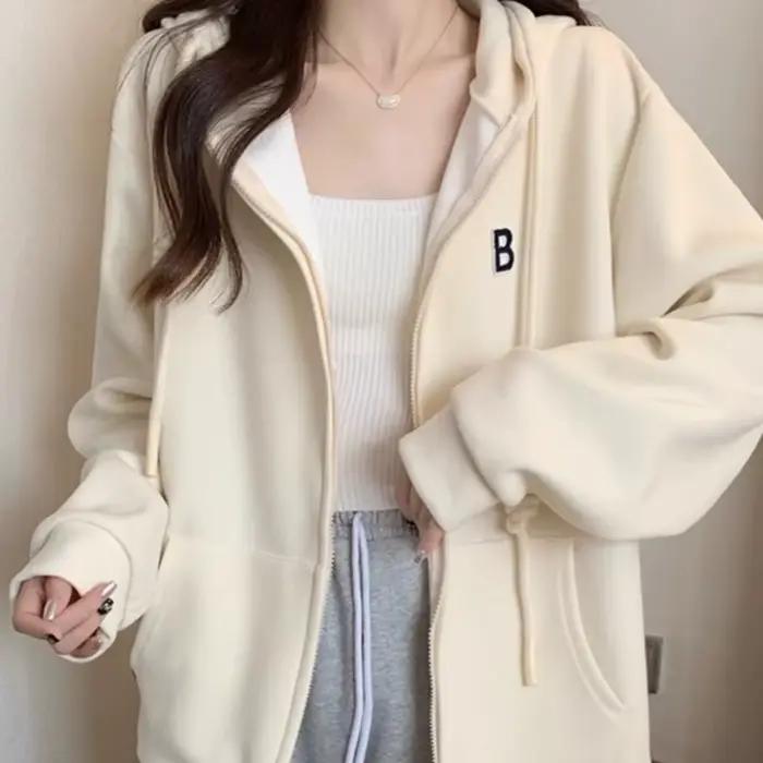 Sweat à Capuche Bordeaux pour Femme, Mode Vintage, Style Coréen, Fermeture Éclair, Assressenti, Brod