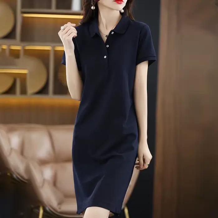 Robe longue à col polo pour femme, 100% coton doux, pull grande taille, pull à manches courtes, robe