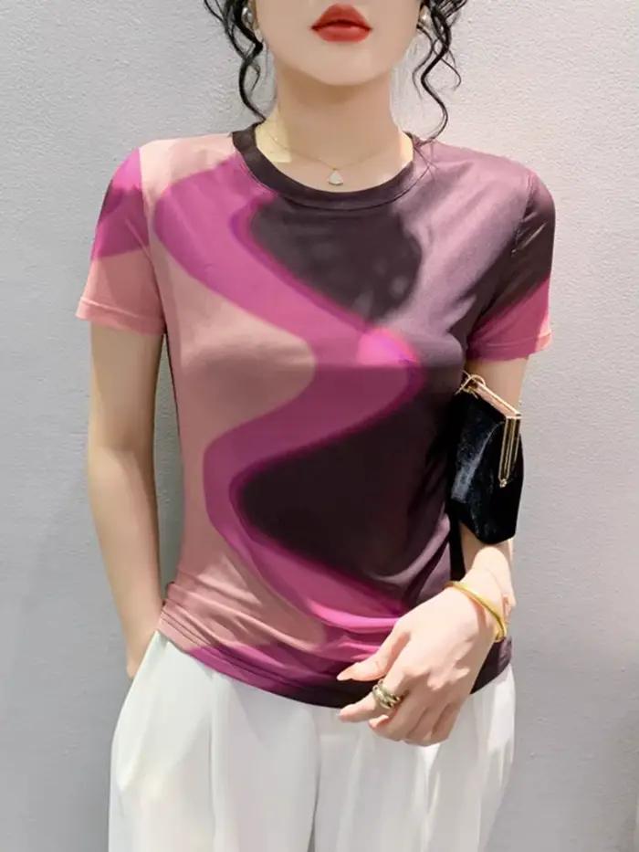 T-shirt à manches courtes et col rond pour femme, haut moulant, élégant, en maille imprimée, été, BH