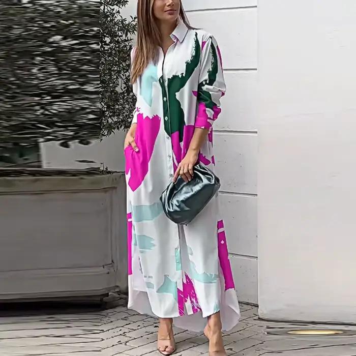 Robe Longue à Col Rabattu pour Femme, Chemise à lèvent, Robes de Soirée Imprimées avec Poches, Autom