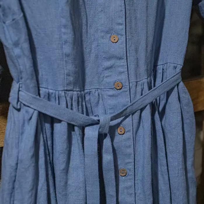 Robe longue rétro en coton et lin pour femme, col en V, manches courtes, boutons, couleur unie, stre