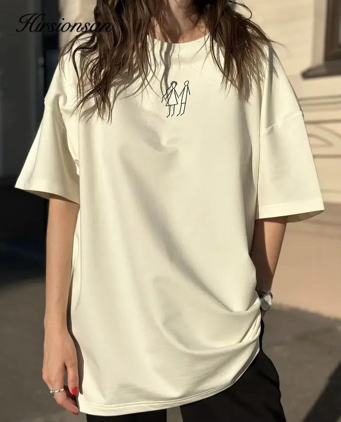 Hirsionsan-T-shirt imprimé graffiti minimaliste pour femme, col rond, coton doux, vêtements décontra