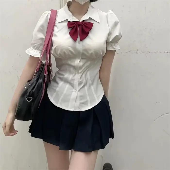 Chemises à Manches Courtes pour Femme, Slim, Plissé, Doux, Mignon, Preppy, Style Japonais, Y2k, Vête