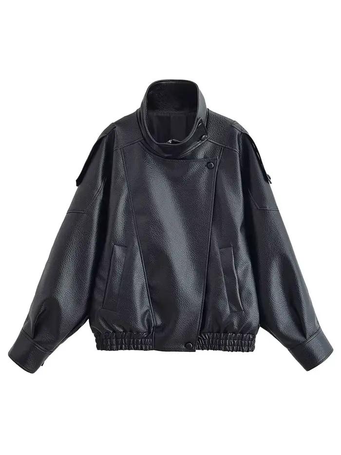HH automne veste en simili cuir pour femmes décontracté solide fermeture éclair manches longues en c