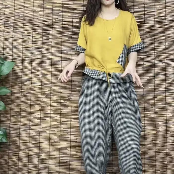 T-shirt et pantalon à carreaux en coton et lin pour femmes, manches courtes, imbibés, gros MM, ensem
