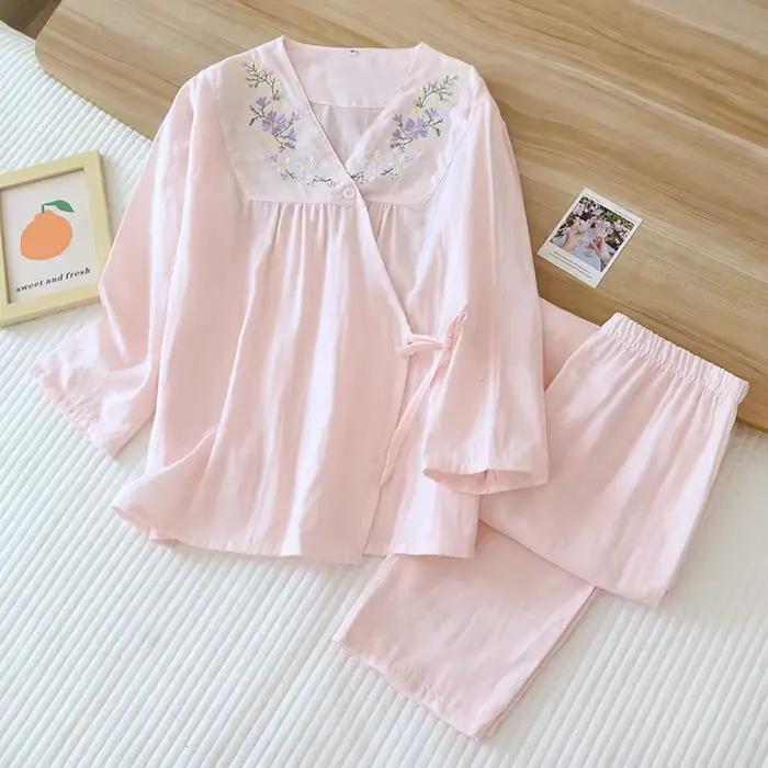 Pyjama en gaze de coton pour femmes, vêtements de détente, col en V, vêtements de nuit sexy, broderi
