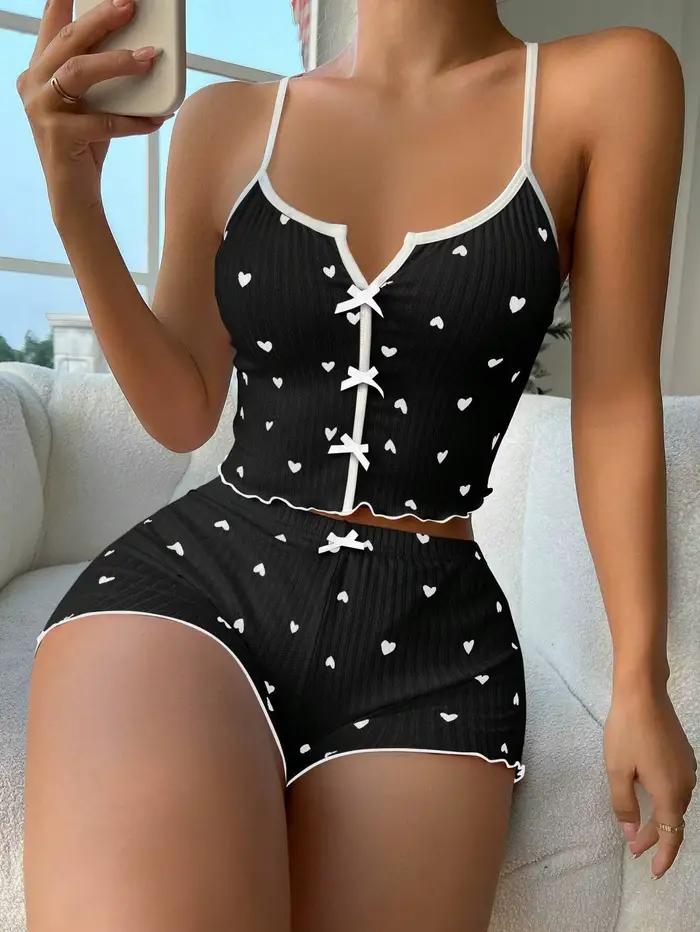 Ensemble de pyjama sexy à imprimé cœur pour femmes, vêtements de nuit en soie, col en V sans manches