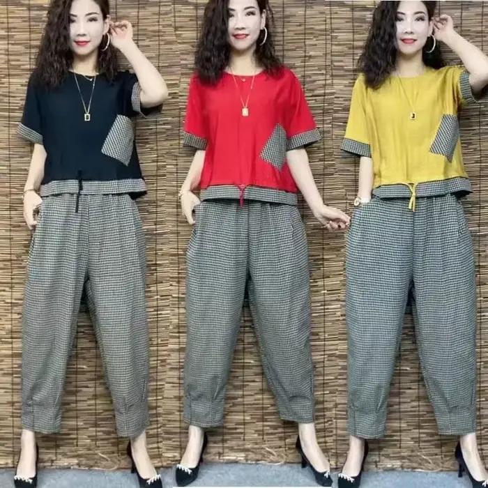 T-shirt et pantalon à carreaux en coton et lin pour femmes, manches courtes, imbibés, gros MM, ensem