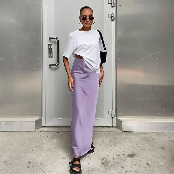 Jupe trompent en satin noir pour femme, élégante, taille haute, mince, couleur unie, longue, bureau,