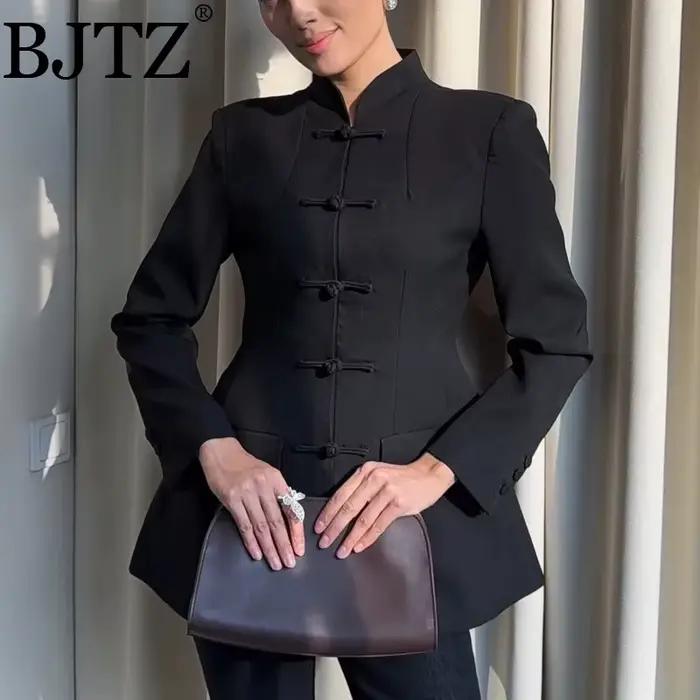Blazer pour femme BJTZ à col mandarin, manches longues, boutons grenouillère, coupe ajustée, veste d