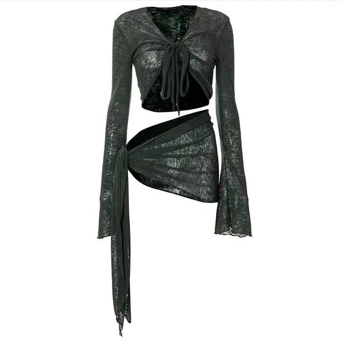 Ensemble jupe bandeau Sexy pour femmes, vêtements de plage, tricot, y2k, transparent, manches longue