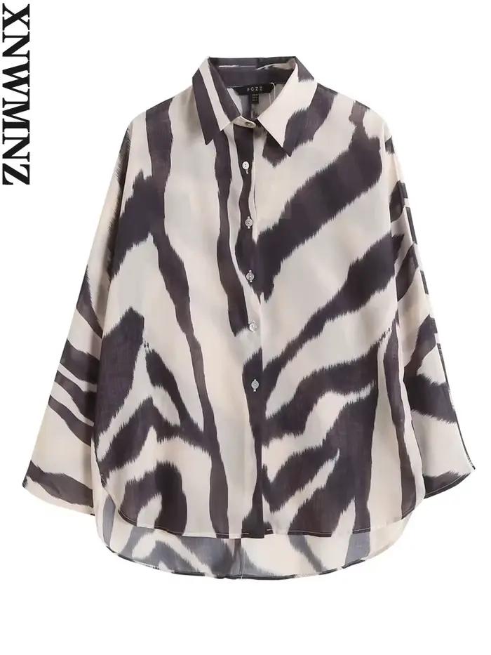 XNWMNZ-Chemise à Manches sulfen Coton et Lin pour Femme, Chemisier Imprimé Zèbre, Décontracté, obser