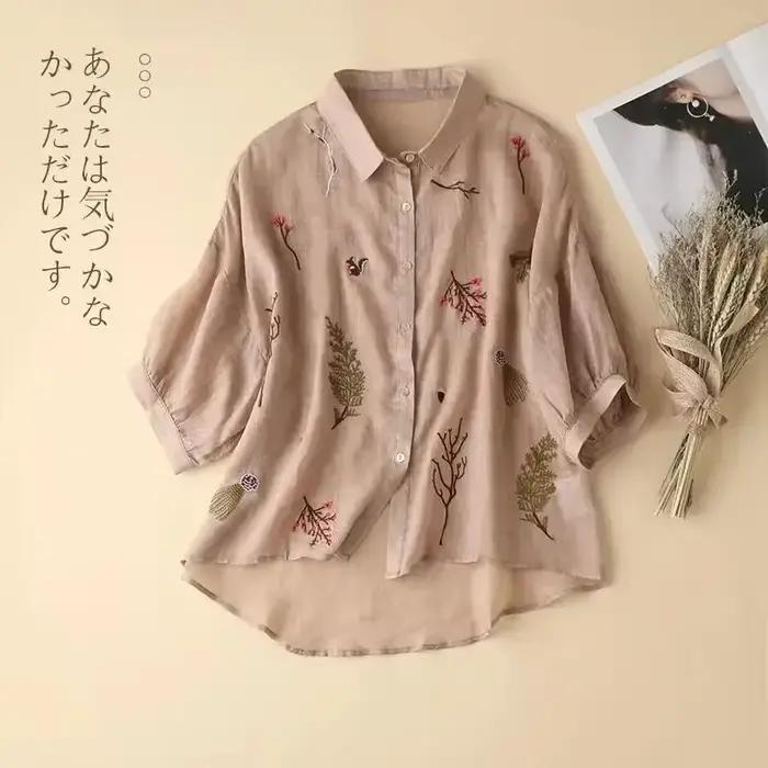 Chemise brodée en lin de coton à sept points pour femmes, haut décontracté à revers, tempérament, ni