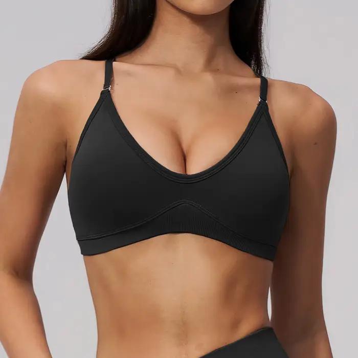 Soutien-gorge de sport côtelé à col halter pour femme, avec bretelles amovibles, haut de sport pour