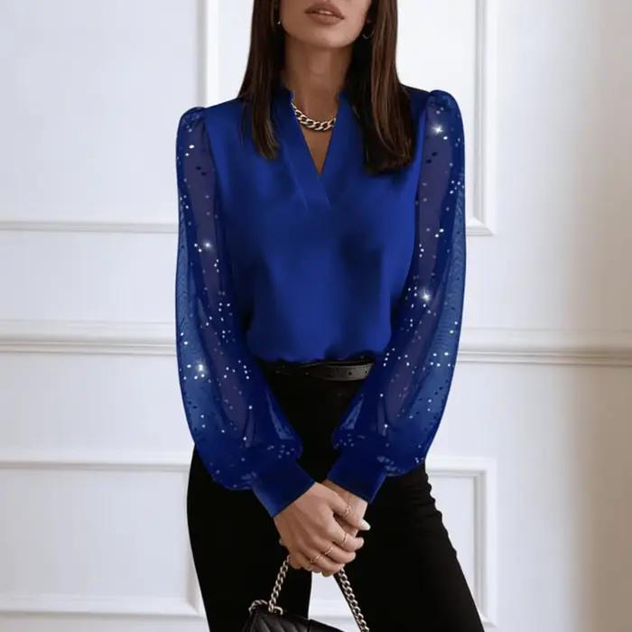 Chemisier bleu pour femme, col en V, manches bouffantes transparentes à sequins, élégant, en moussel
