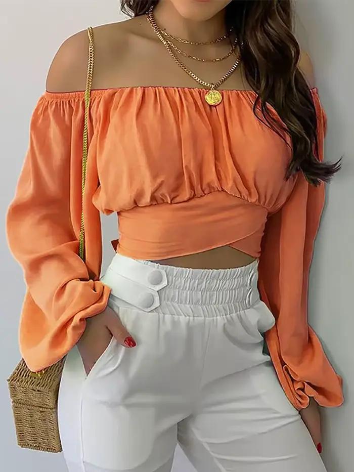 Chemisier Sexy à épaules dénudées pour femmes, Chic et élégant, imprimé lanterne, manches longues, n