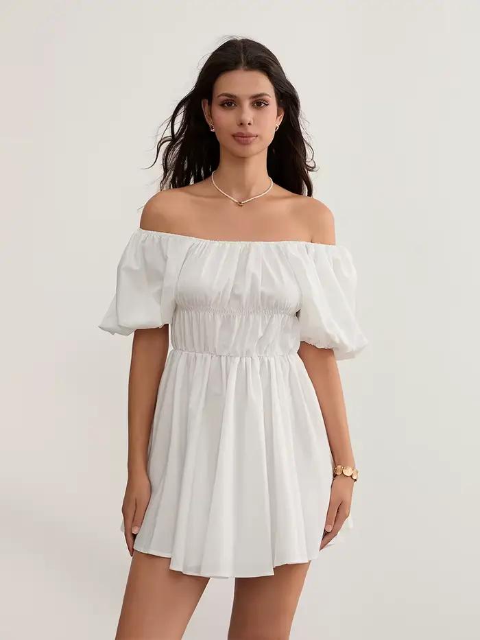 Robe d'été décontractée à manches courtes bouffantes pour femmes, tunique à épaules dénudées, mode s