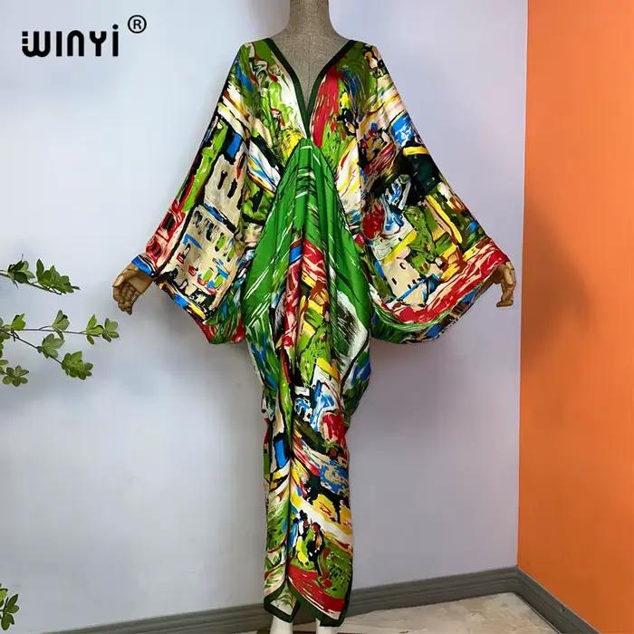 WINYI-Robe longue à col en V pour femme, robe de plage sexy, sensation de soie, mode bohème, robe de