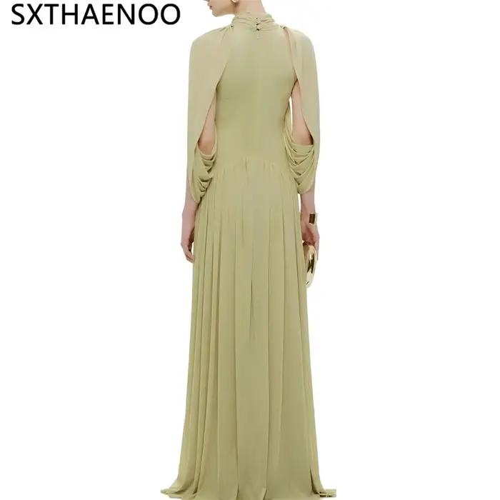 Robe longue plissée en mousseline SXTHAENOO pour femme, élégante, à manches volantées, col roulé, pa