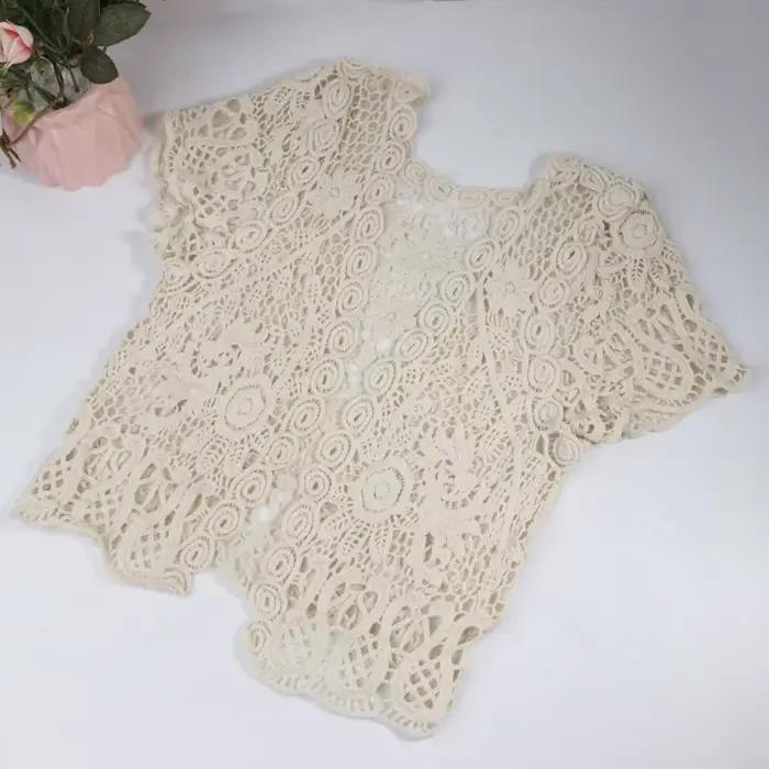 Femmes manches courtes Crochet haussements d'épaules évider fleur dentelle ouvert devant recadrée Ca