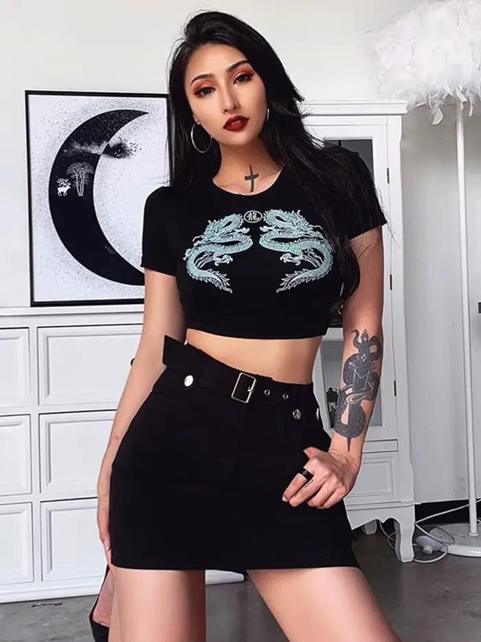 T-shirt manches courtes imprimé Dragon pour femmes, haut court à la mode pour le Shopping, usage quo
