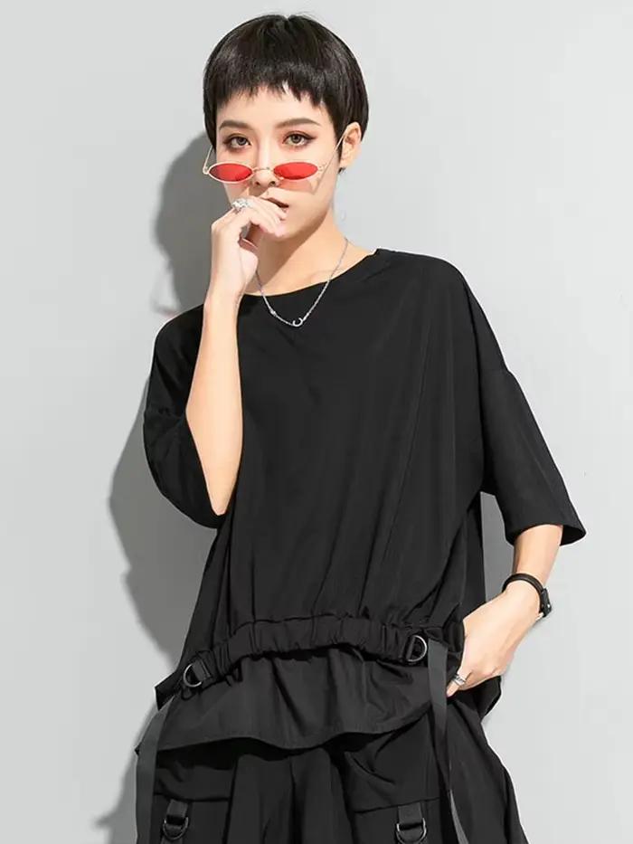 AmaxluluE 2025 été mode T-shirt femmes noir à manches courtes T-shirt dames décontracté Patchwork ha