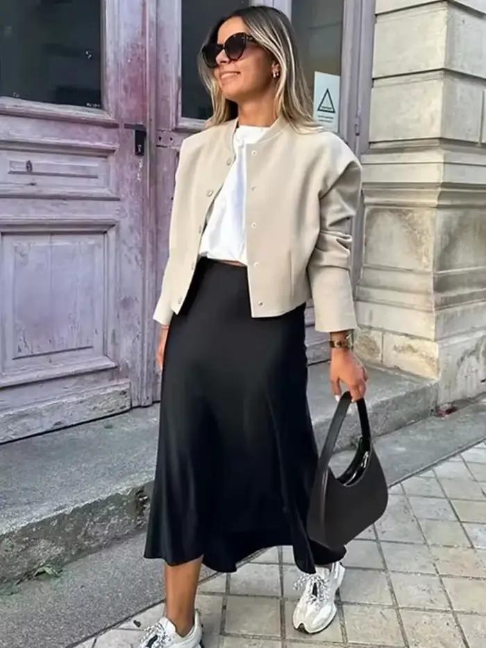 Willshela 2024 jupe en Satin noir femme taille haute jupes longues élégantes pour les femmes mode ét