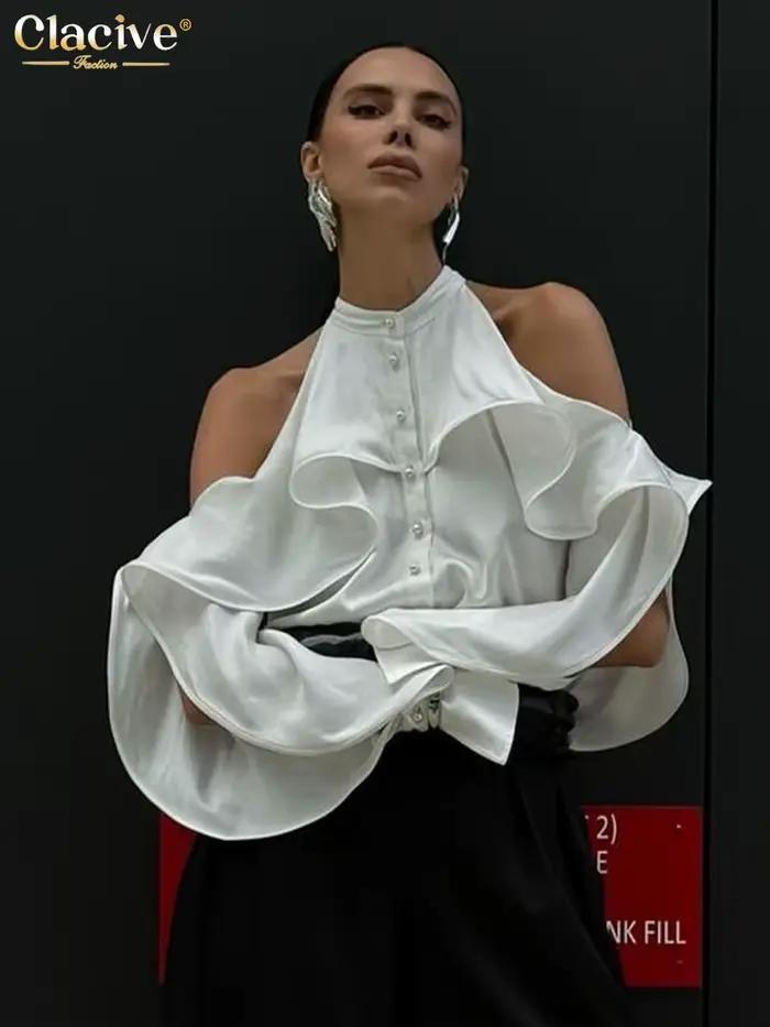 ClacMarkets-Chemise à manches longues à col rond pour femmes, haut à volants classique, vêtements fé
