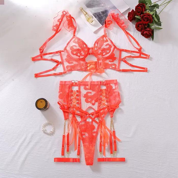 Ensemble de lingerie transparente ultra-mince pour femme, broderie florale, soutien-gorge creux et t