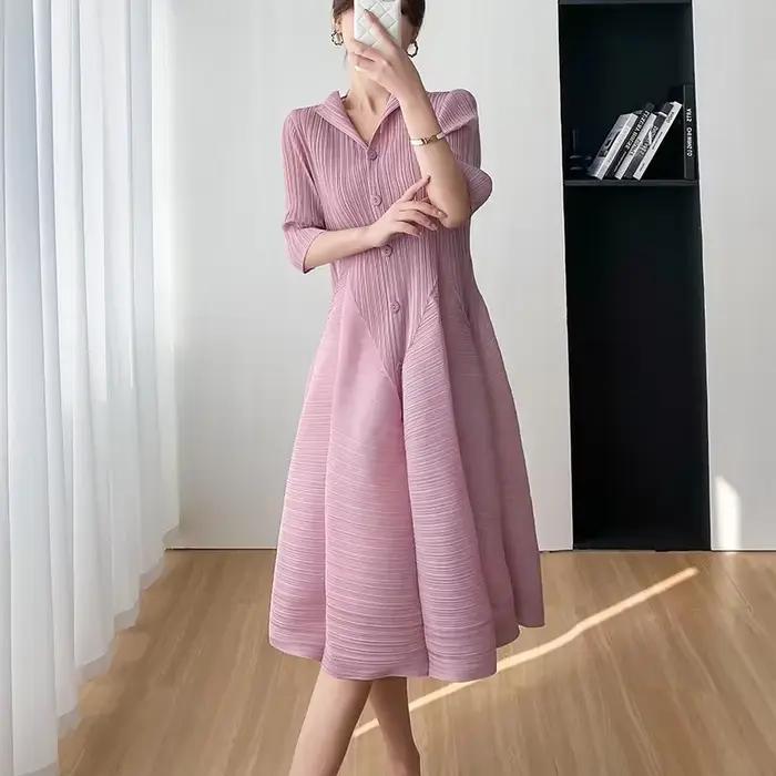 Miyake robe plissée femmes 2023 élégant mince été nouveau décontracté mi-longue robes femmes vêtemen