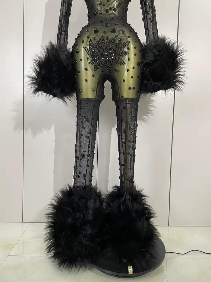 STOCK luxe diamant noir maille Transparent extensible à manches longues combinaison femmes Sexy Perf