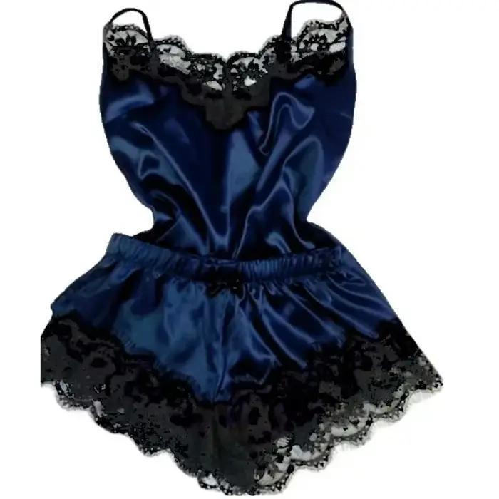 Ensemble pyjama en Satin et dentelle pour femmes, vêtements de nuit, col en v, extensible, Lingerie