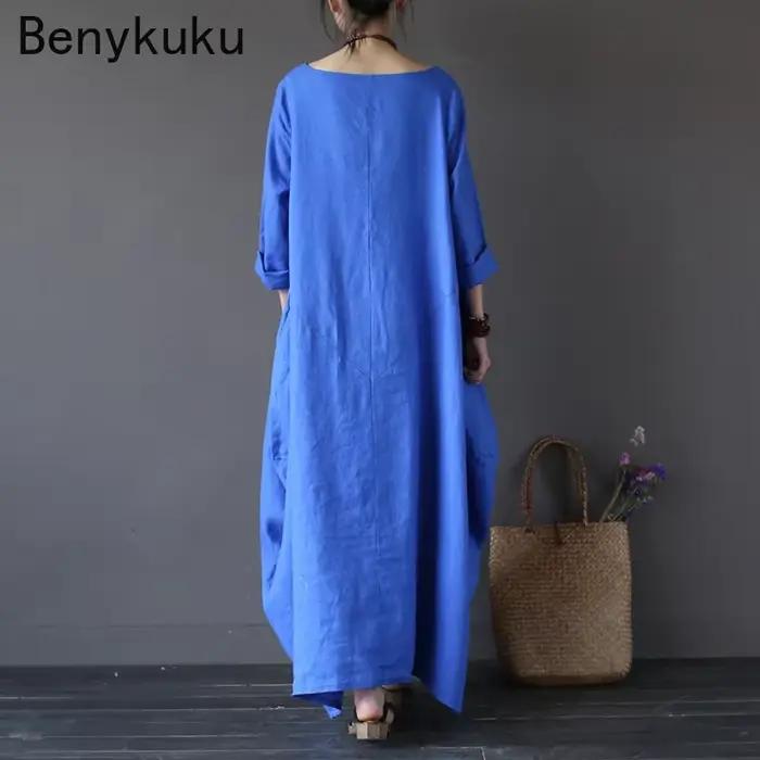 Vintage longue robe Maxi femmes à manches longues grande taille caftan Baggy ample coton lin robes d