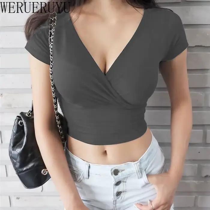 T-shirt manches courtes col en v pour femmes, noir, Sexy, Y2k, haut court, vêtements Streetwear, mod