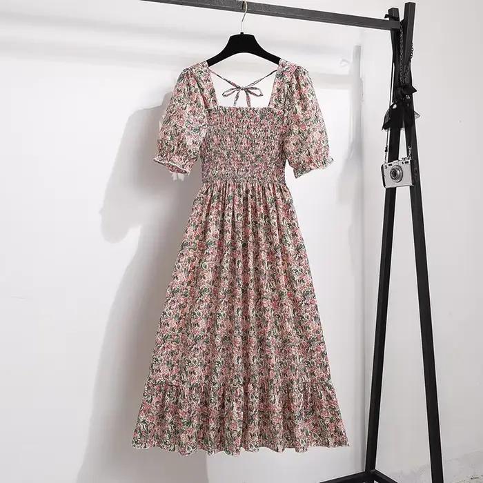 Printemps été robes en mousseline de soie mode femme taille élastique à manches courtes plissée tenu