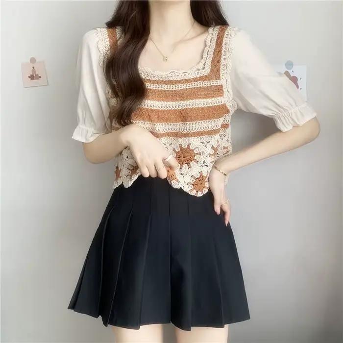 Chemisiers à manches courtes bouffantes pour femmes, tenue de loisirs assortie, en dentelle droite,