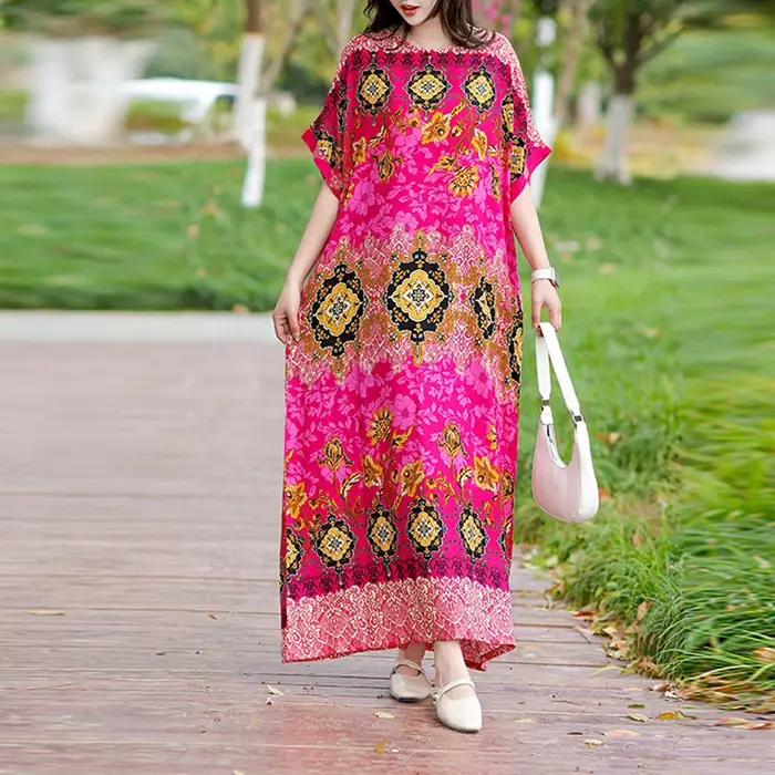Vintage imprimé fleuri Robe Maxi femmes Boho à manches courtes longues ceintures Robe grande taille